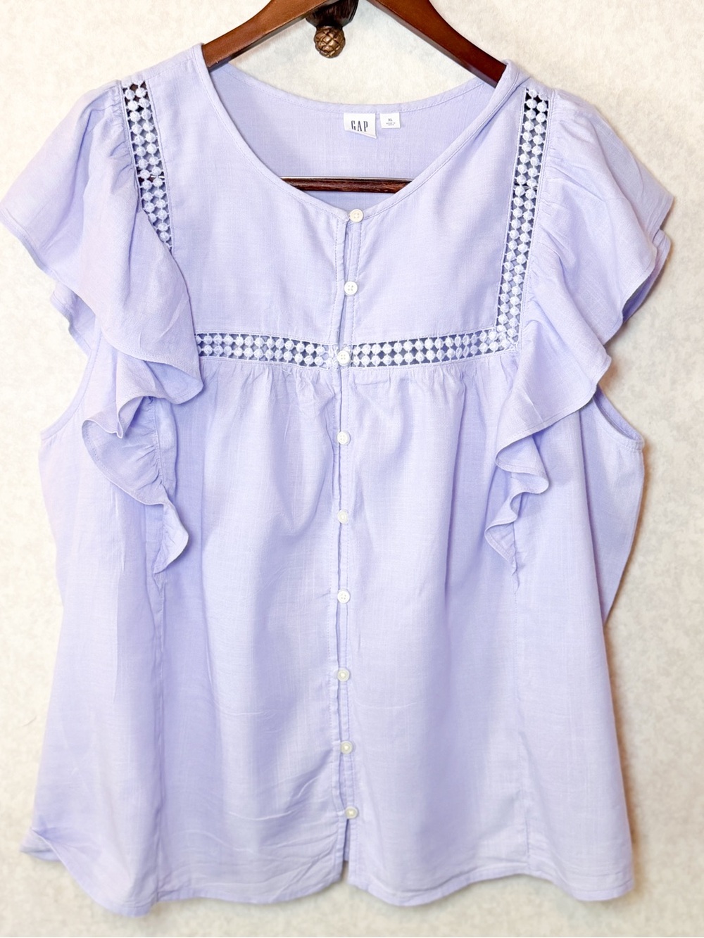 GAP Lavender Flutter Sleeve Top Decorative Trim Button Front Boho Blouse NWOT - Picture 2 of 9